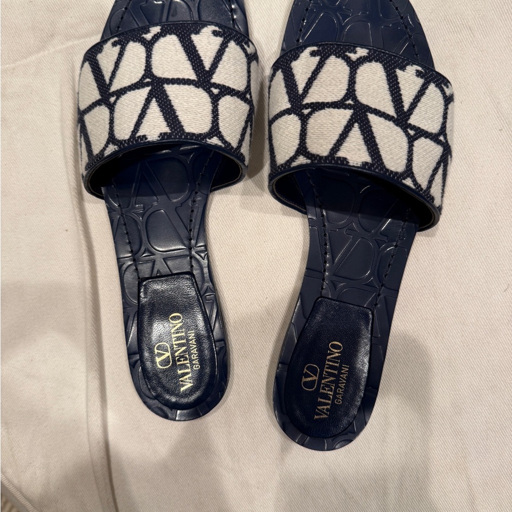 Valentino Garavani Dark Blue and White Slide Sandals